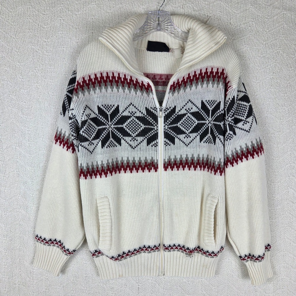 Blair Vintage Nordic Fair Isle Full Zip Sweater Snowflake Distressed Cream Red